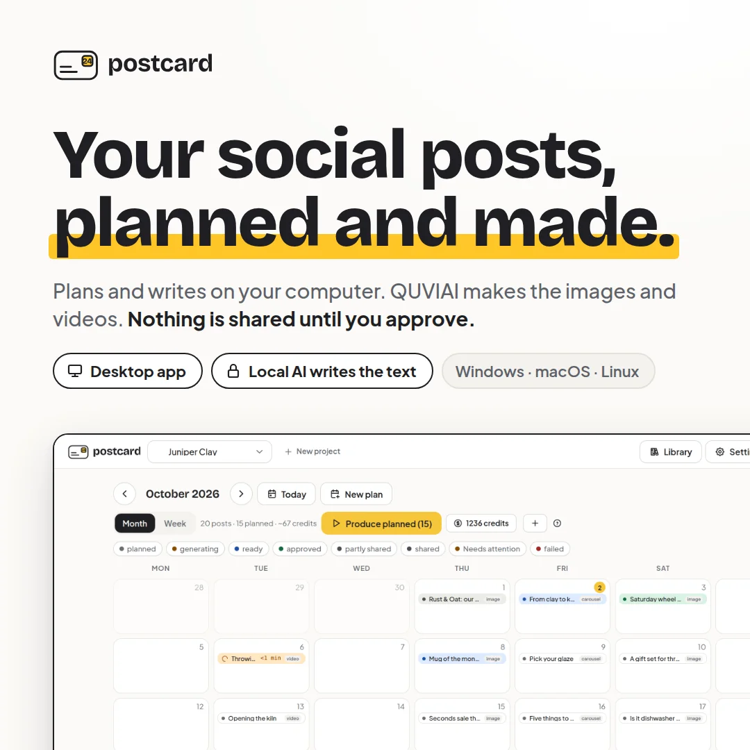 Postcard app showing a month of planned social media posts on a calendar
